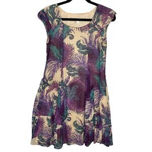 Garnet HIll Sz 6P Silk Chiffon Dress Feather Print Ruffle Cap Sleeve Purple Teal